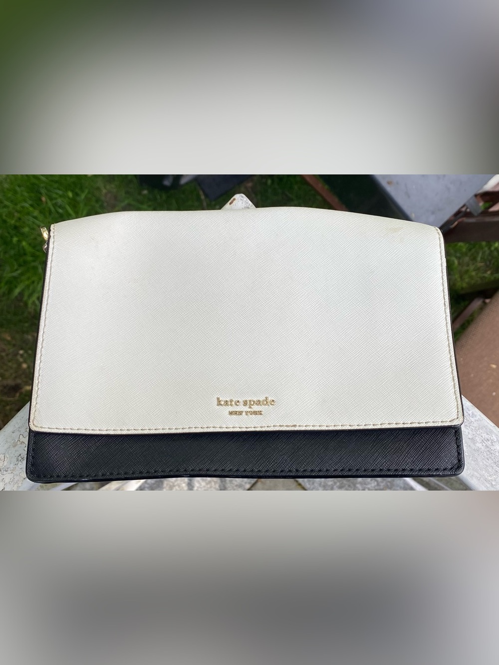 Kate Spade New York Cream Black Saffiano Leather Flap Crossbody Clutch Chain Bag